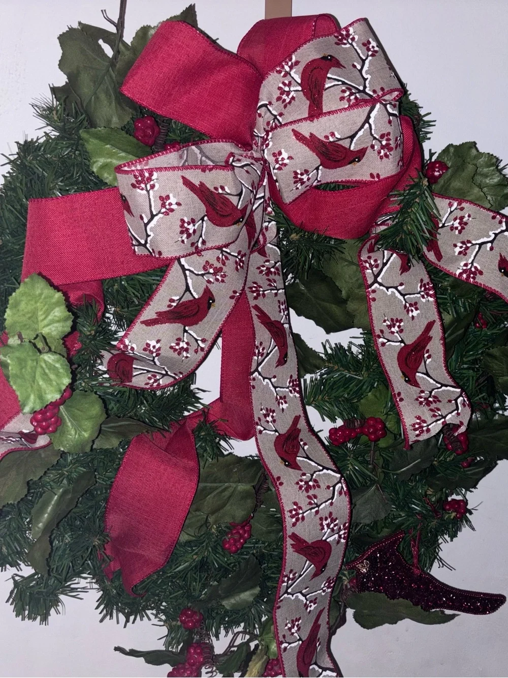 Holiday Cardinal Ribbon Wreath - Red